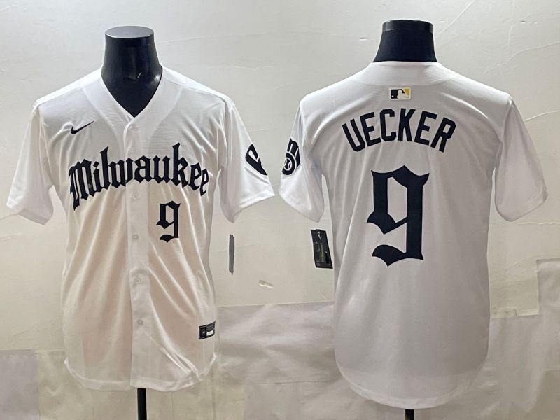 Men 2025 Milwaukee Brewers #9 Uecker White Five generations Joint Name Nike MLB Jersey style 07
